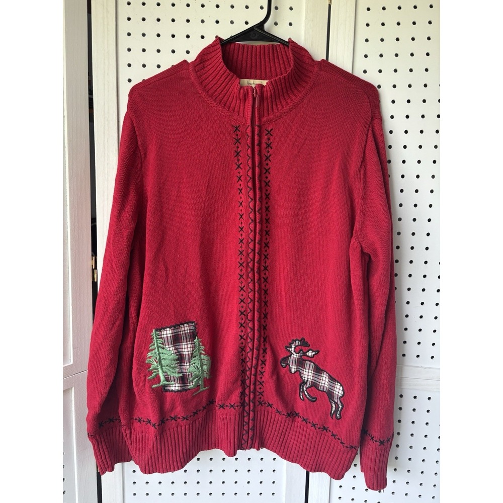 Bechamel Zip Holiday Christmas Tree Sweater Moose Plaid Red Women's XL